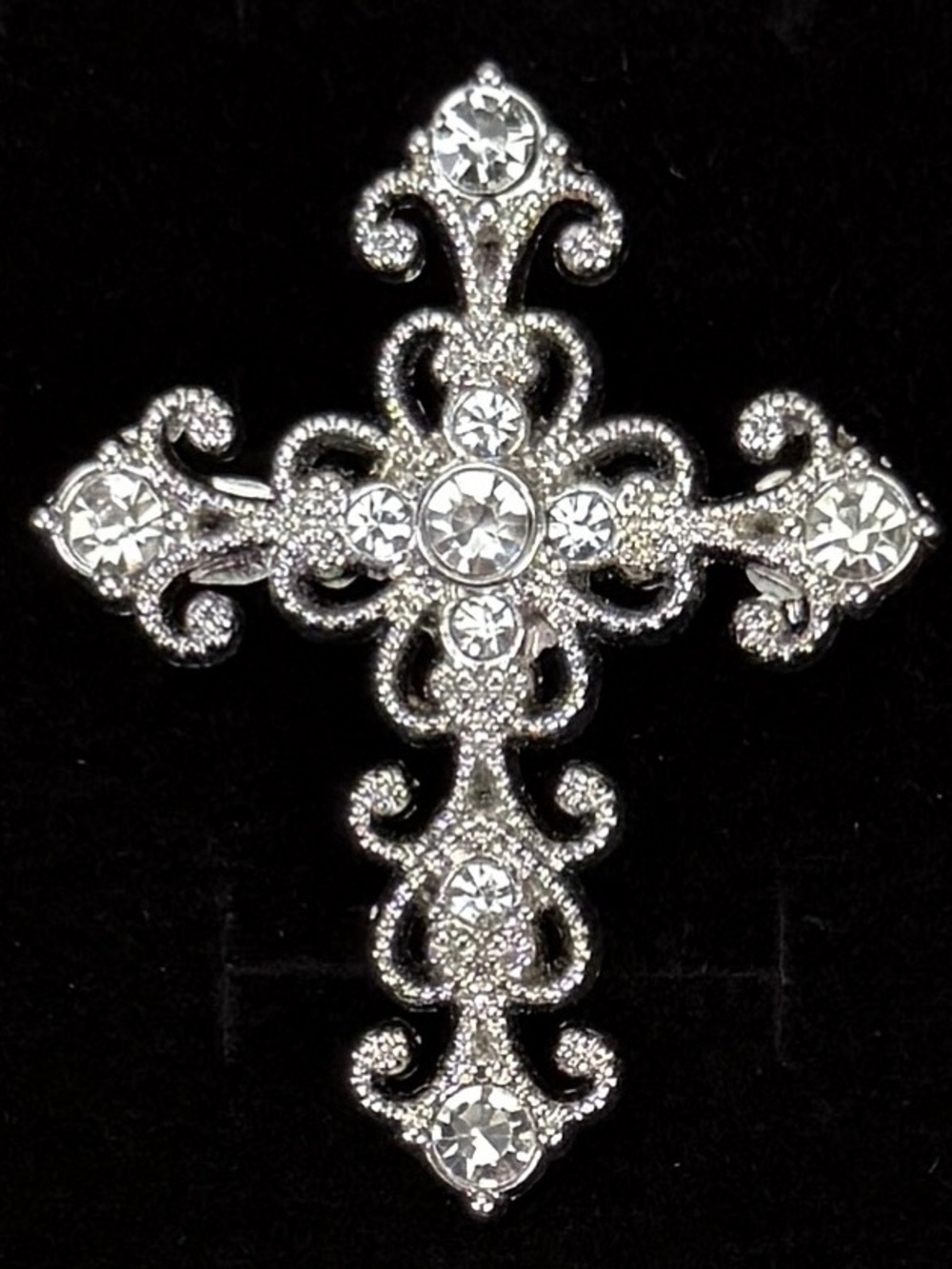 Vintage Silvertone Rhinestone Bling Cross Brooch